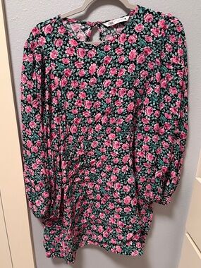 Zara Black Mini Dress with Pink Floral Print